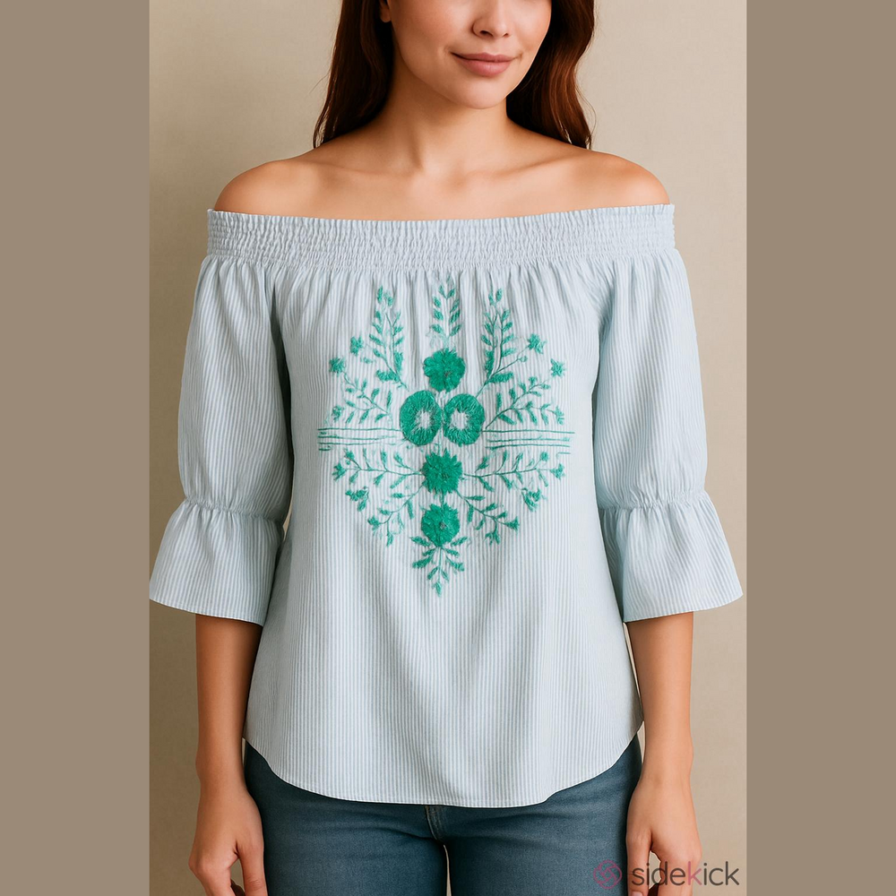 Anthropologie Grand & Greene Smocked Green Stripe Embroidery Top - S - Picture 1 of 3